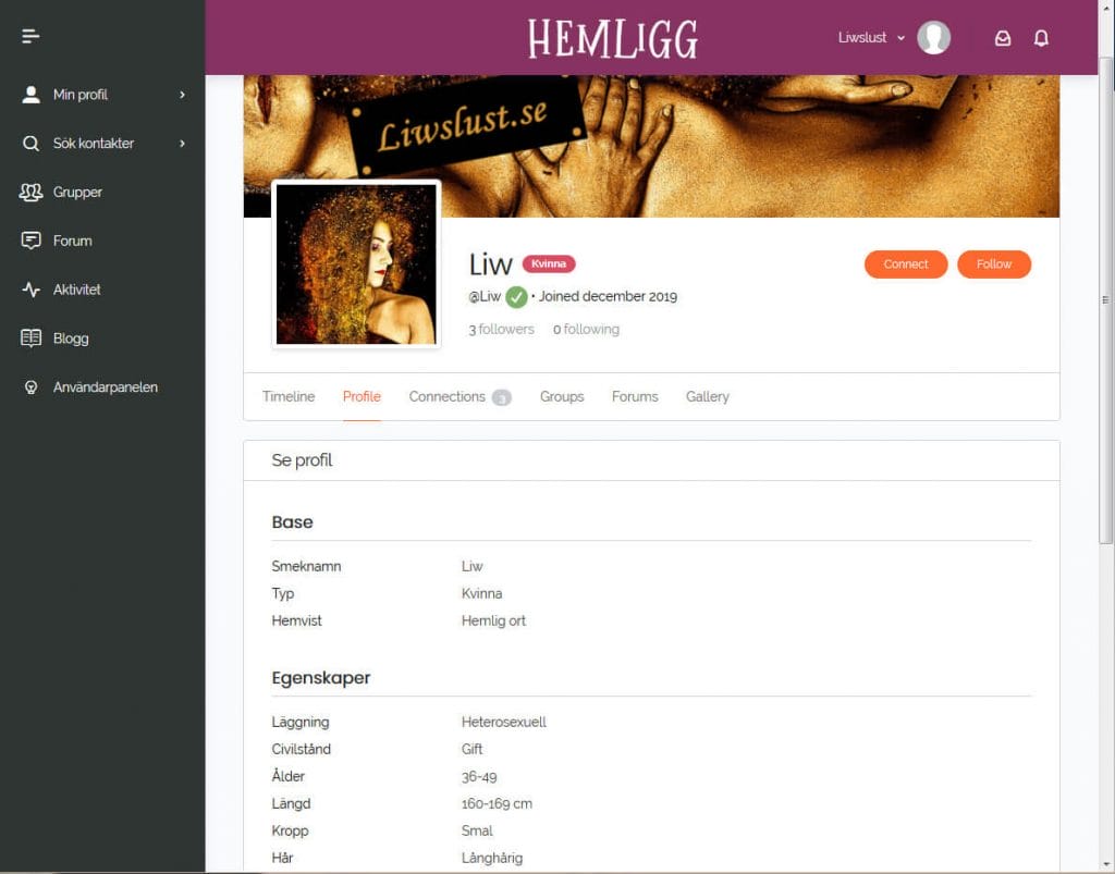Ett exempel på en profilsida inne på Hemligg