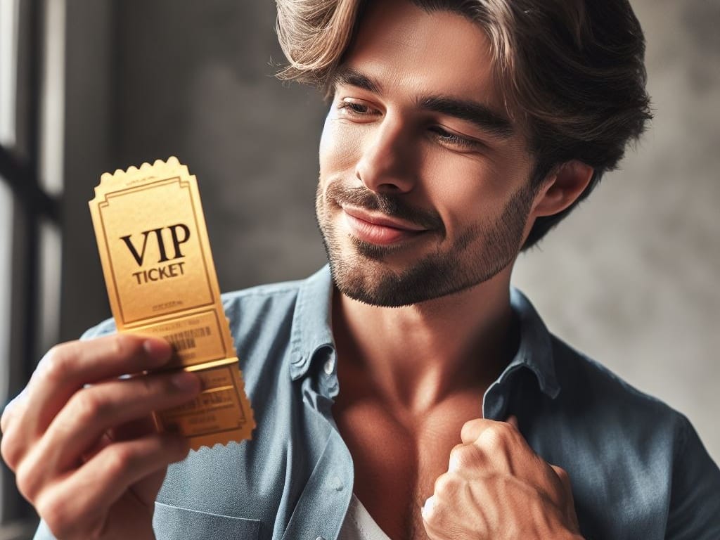 Kille som ser nöjd ut med VIP-biljett i handen.