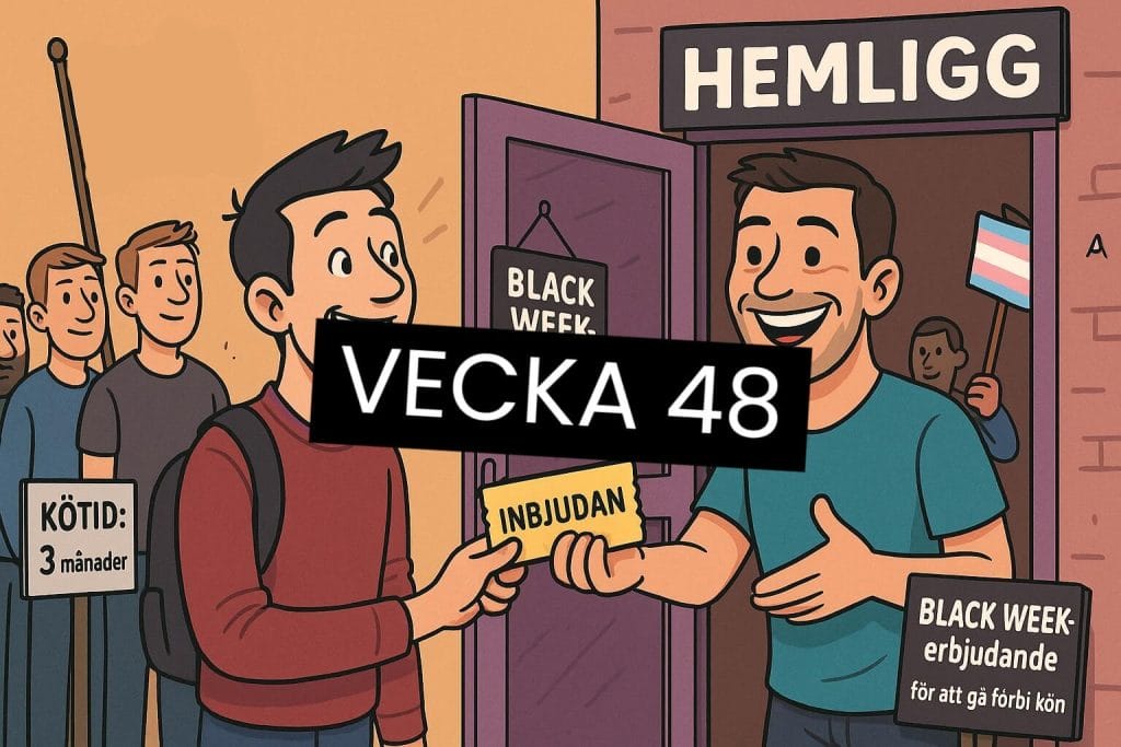 Bild som visar hur kön till Hemligg är 3 månader lång och vi haft ett Black Week-erbjudande till nya medlemmar.